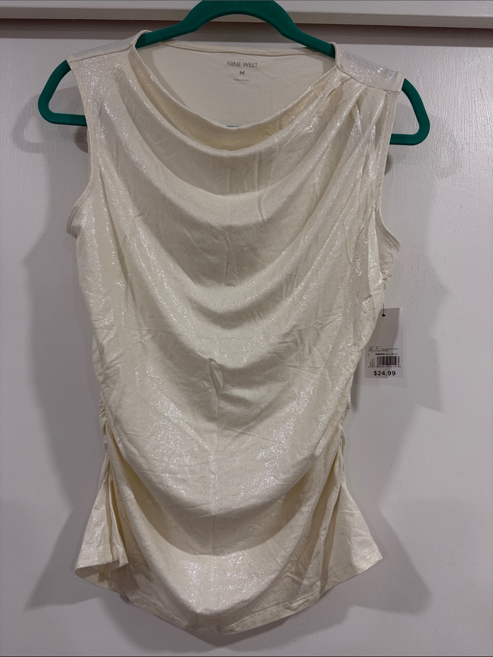 Nine West Shimmery Ivory Cowl Neck Sleeveless Top